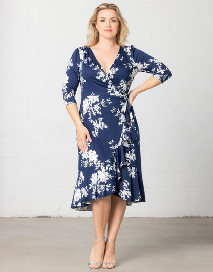 Kiyonna - Flirty Flounce Wrap Dress - Navy Floral Print - Plus Size