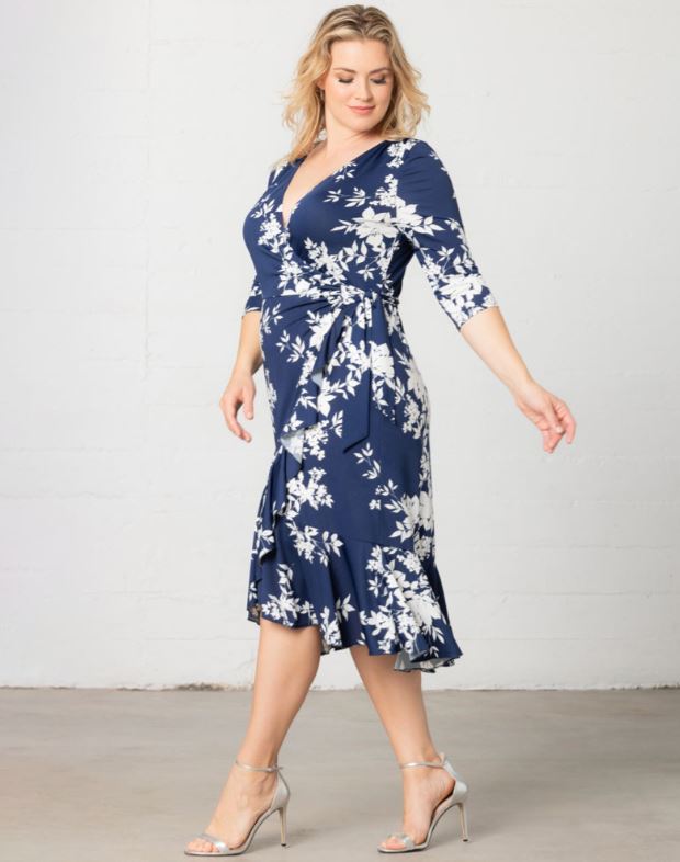 Kiyonna - Flirty Flounce Wrap Dress - Navy Floral Print - Plus Size