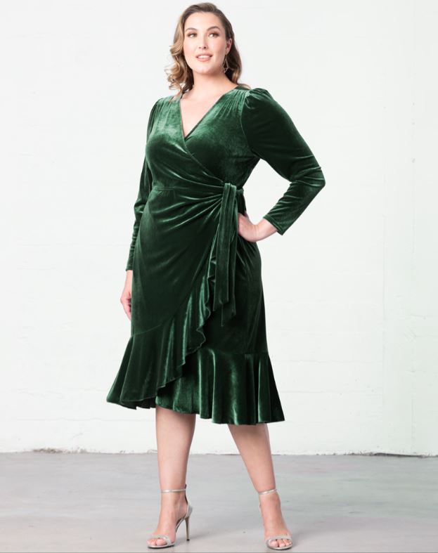 Kiyonna  - Viola Velvet Wrap Dress - Plus Size - Emerald Green