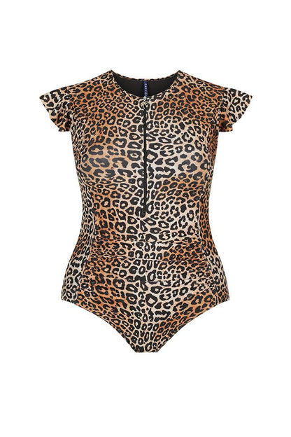 Capriosca - Leopard Sustainable Frill Sleeve One Piece - Plus Size