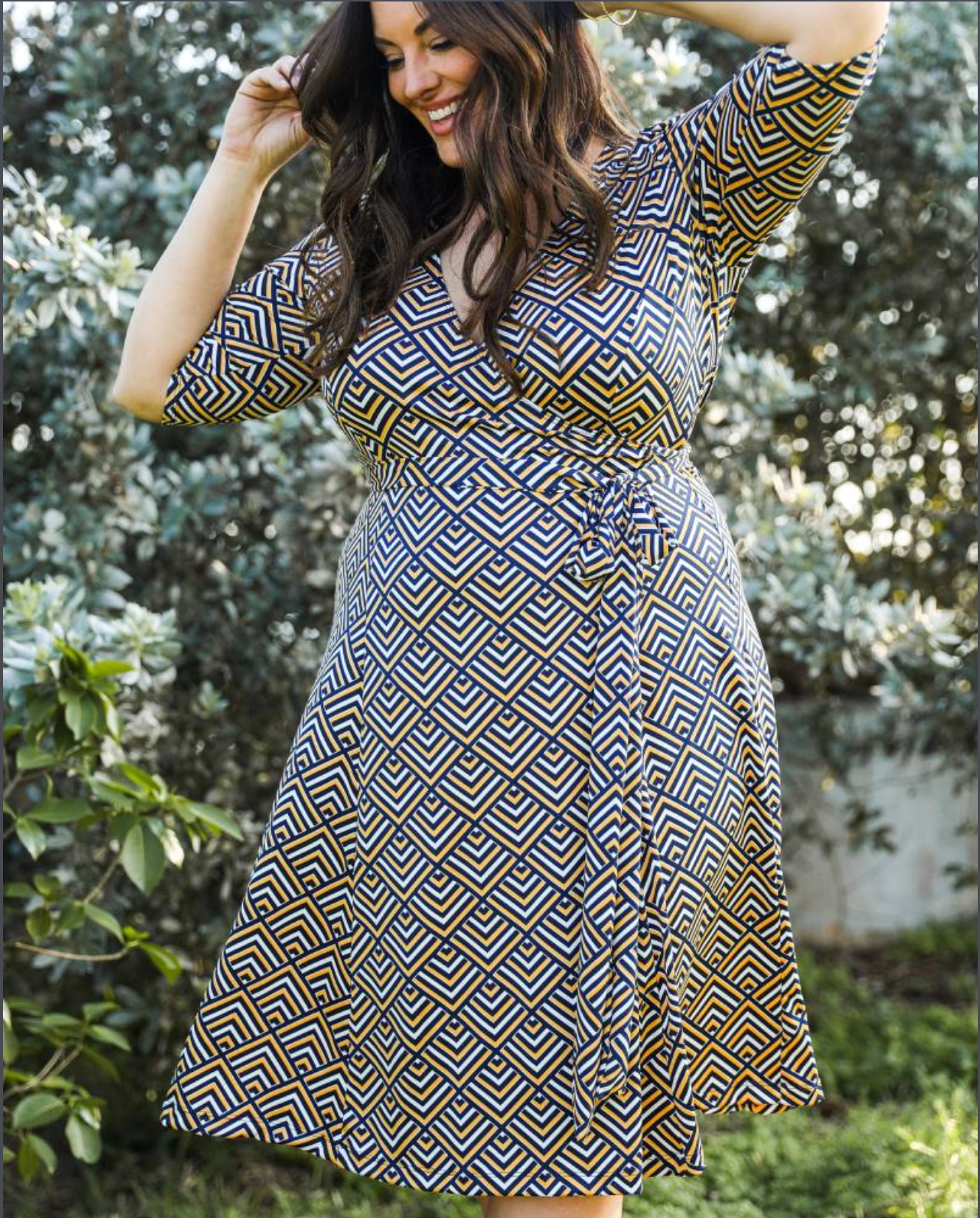 Kiyonna Essential Wrap Dress Gold Geo Print Plus Size SISU