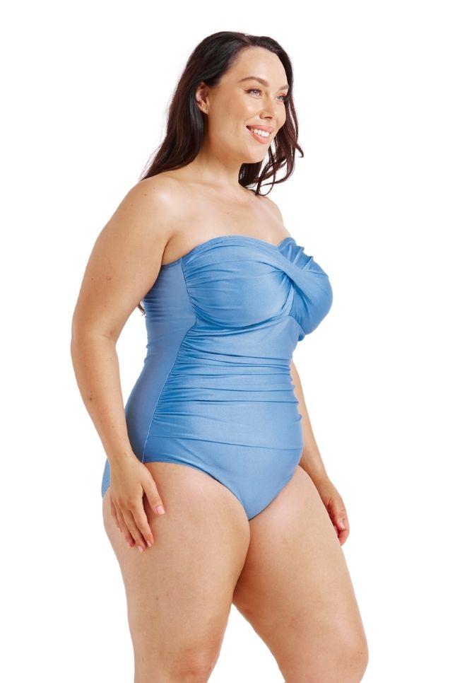 Capriosca - Provence Blue Twist Front Bandeau One Piece Swimsuit - Plus Size