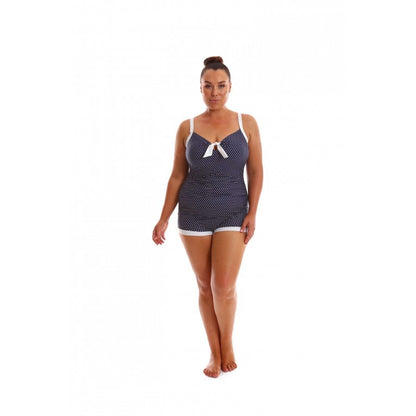 Capriosca Swimwear - Navy & White Dots Boyleg One Piece With Bow Swimwear - Plus Size