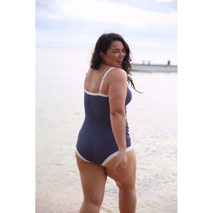 Capriosca Swimwear - Navy & White Dots Boyleg One Piece With Bow Swimwear - Plus Size