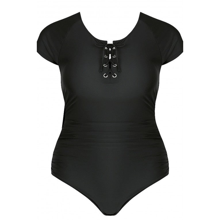 Capriosca Swimwear - Black Short Sleeve Tie One Piece Swimwear - Plus Size