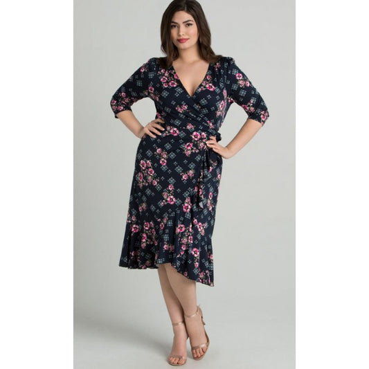 Kiyonna - Flirty Flounce Wrap Dress - Navy Rose Print - Plus Size