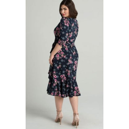 Kiyonna - Flirty Flounce Wrap Dress - Navy Rose Print - Plus Size