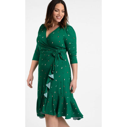 Kiyonna - Flirty Flounce Wrap Dress - Green Confetti - Plus Size